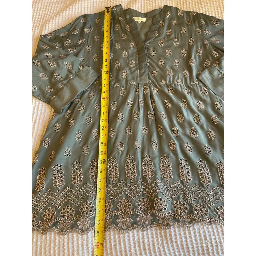Ruby Yaya Boho Festival Style Green W/ Metallic Eyelet Long Sleeve Tunic XL - Picture 8 of 16